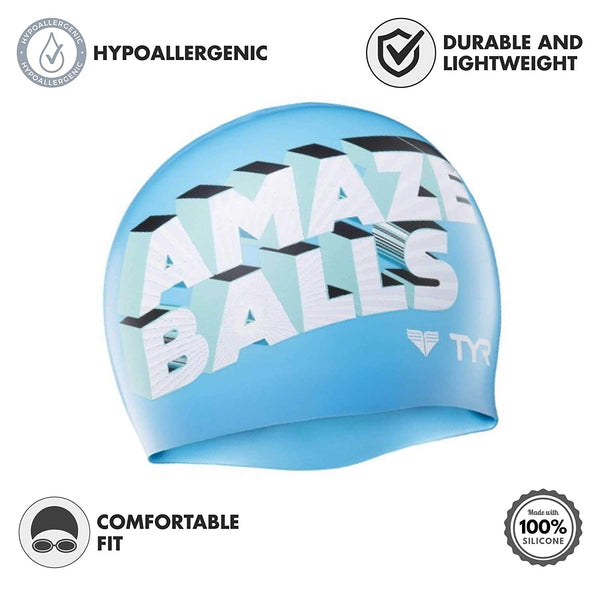 TYR Amaze Balls Swim Cap, Blue/White