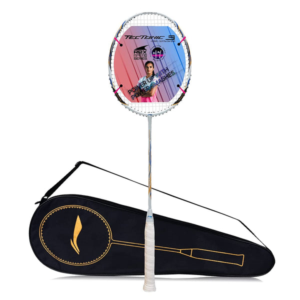 Li-Ning Tectonic 3 R-Series Strung Badminton Racket, White/Gold/Blue (4UIG6)