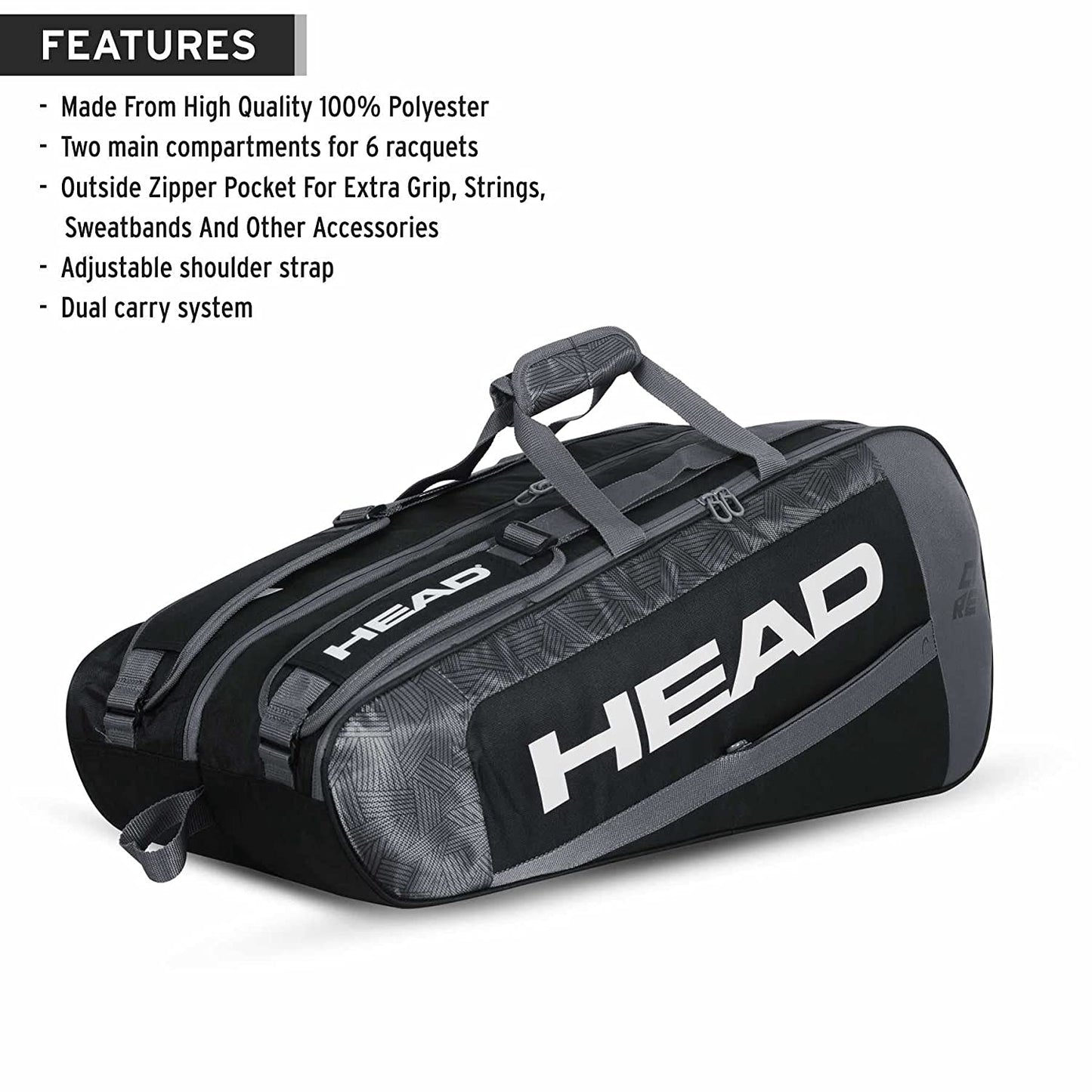 Head Core 6R Combi Tennis Kitbag - (Black/White) - Best Price online Prokicksports.com