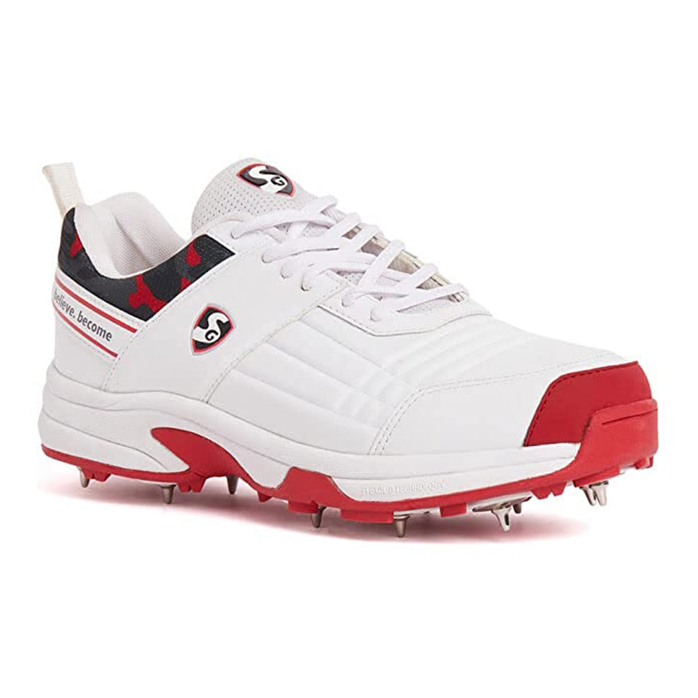 SG Savage Spikes 1.0 Cricket Shoe, White/Red/Grey - Best Price online Prokicksports.com